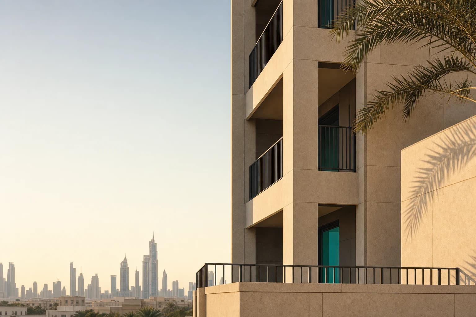 Sunlit apartment building and Dubai skyline at dawn